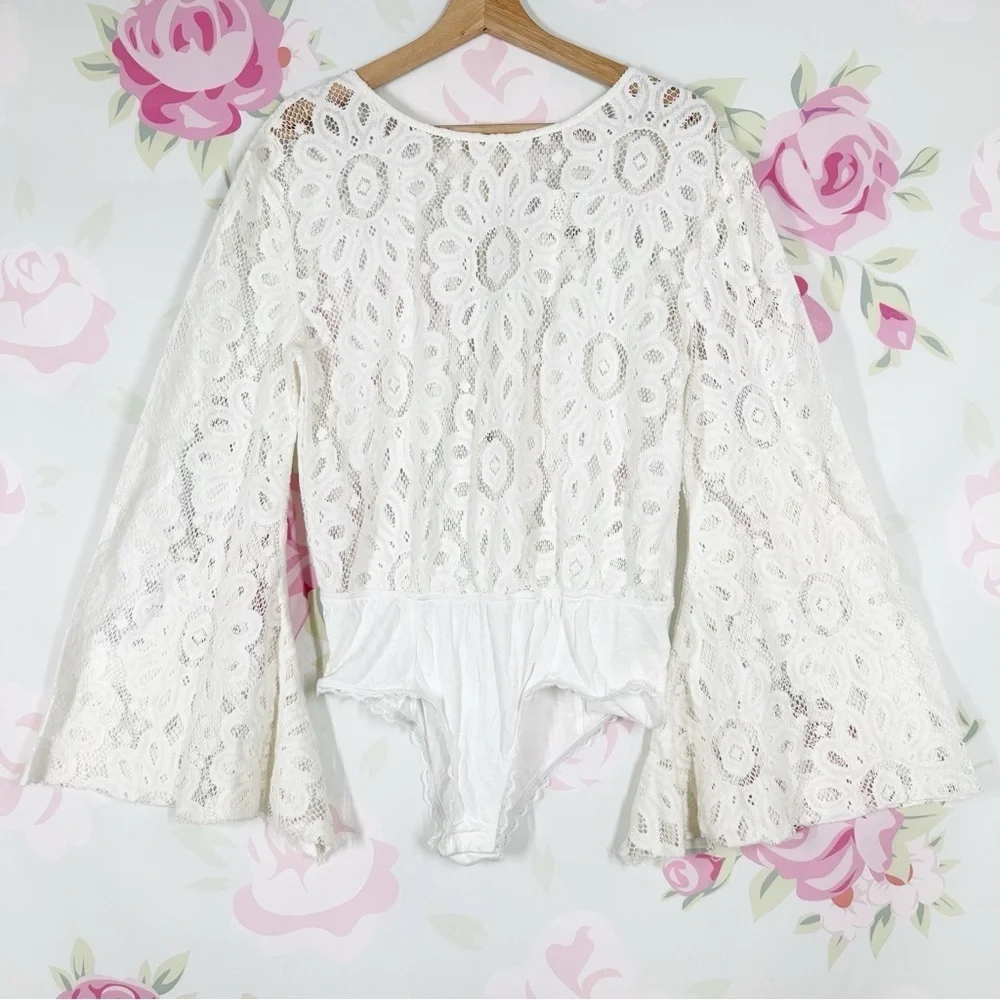 NEW Free People Intimately Better With Time Floral Lace Ivory Bodysuit Top S